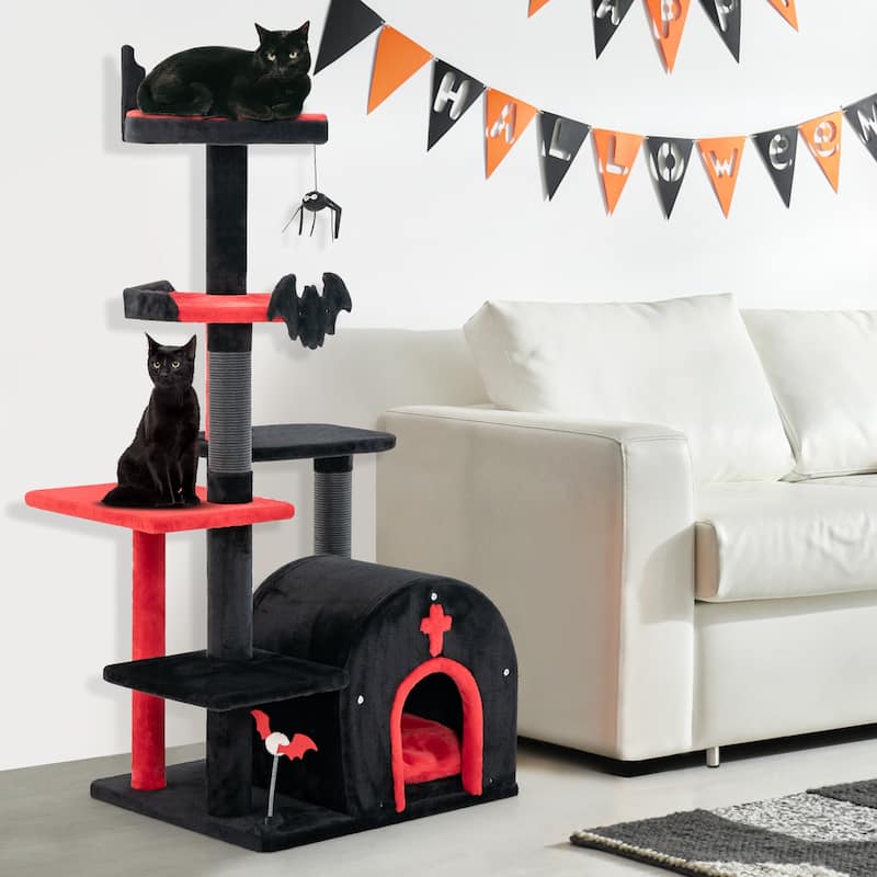 Gothic Cat Tree 53 Inch Tall Cat Tower with Cat Bed and Arch-Shaped Condo - Red-Black