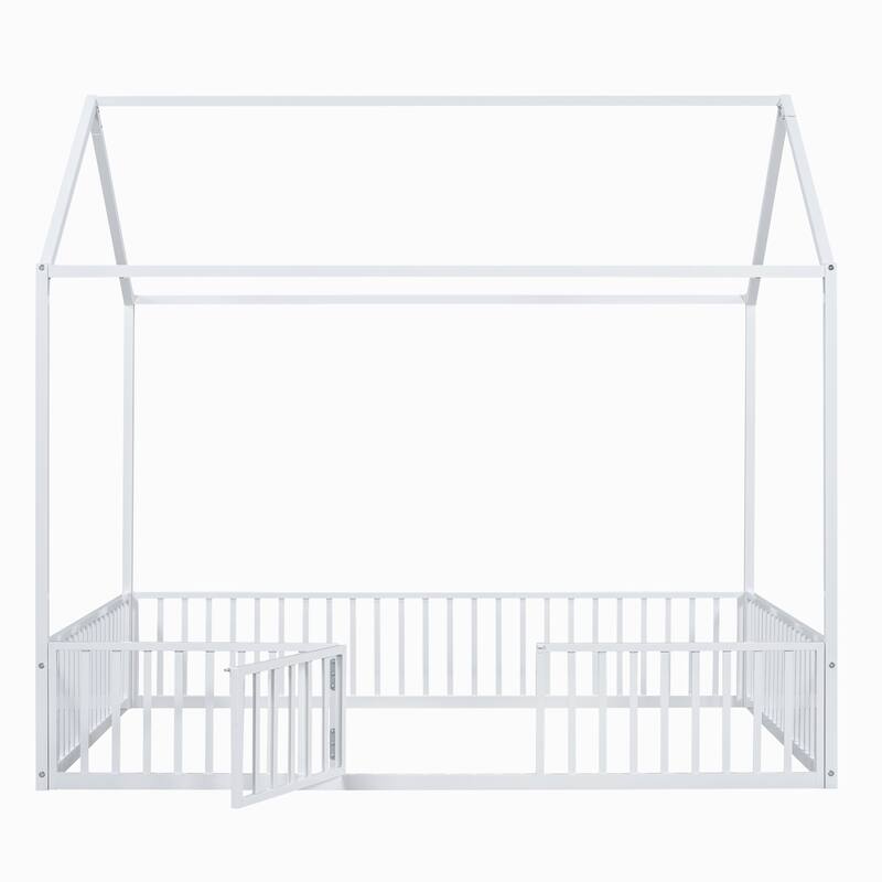 Full Size Metal House Bed with Fence, Roof, and Door for Kids