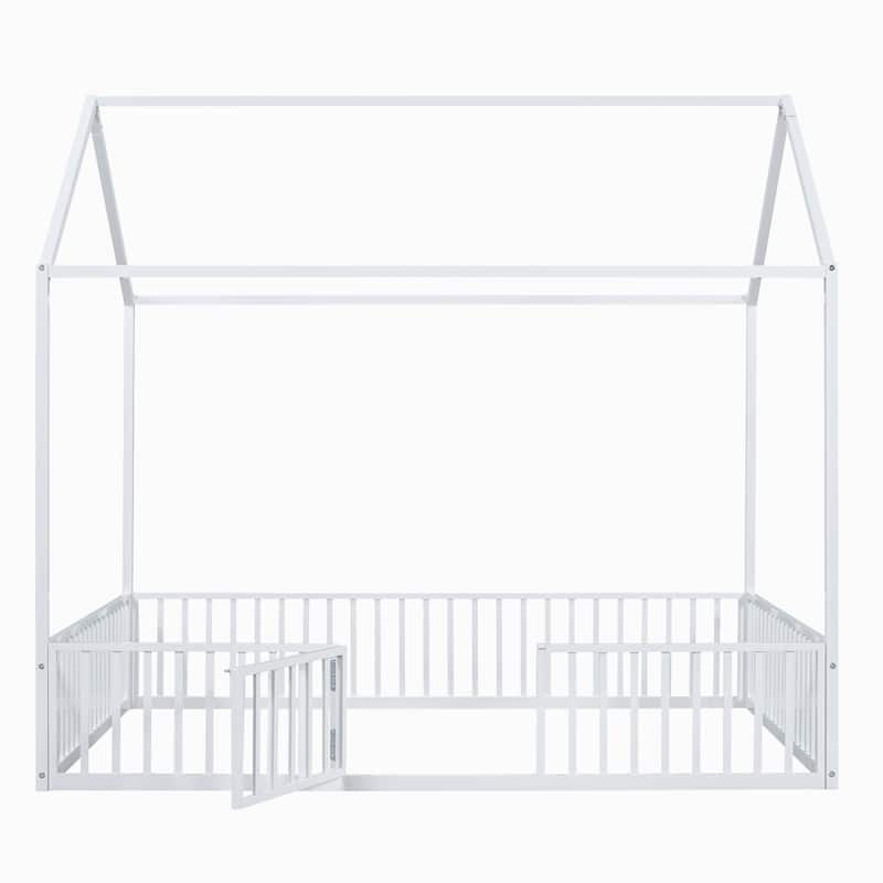 Metal House Bed with Fence, Roof & Door