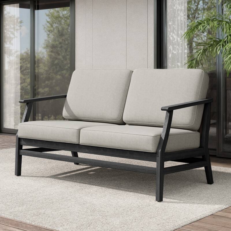 Teak Outdoor Patio Club Chairs Loveseat with Cushions - Black Wood - Loveseat/Light Camel