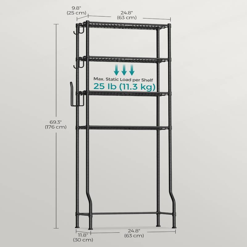 4-Tier Freestanding Metal Over-the-Toilet Storage Rack with 4 Adjustable Shelves and 4 Convenient Hoooks