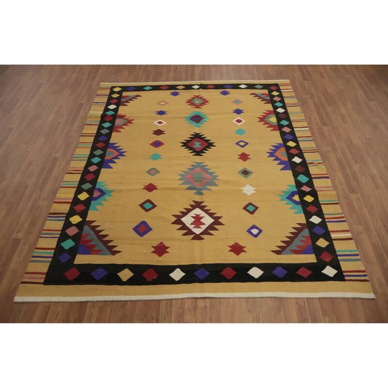 Hand Woven Oriental 100% Wool Carpet Southwestern Tribal Yellow & Gold Kilim Area Rug - 9' 10'' X 8' 2''