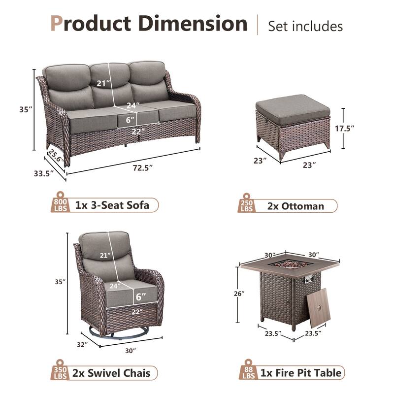 Pocassy Outdoor 6" Sofa Swivel Chair Ottoman with Fire Pit Table