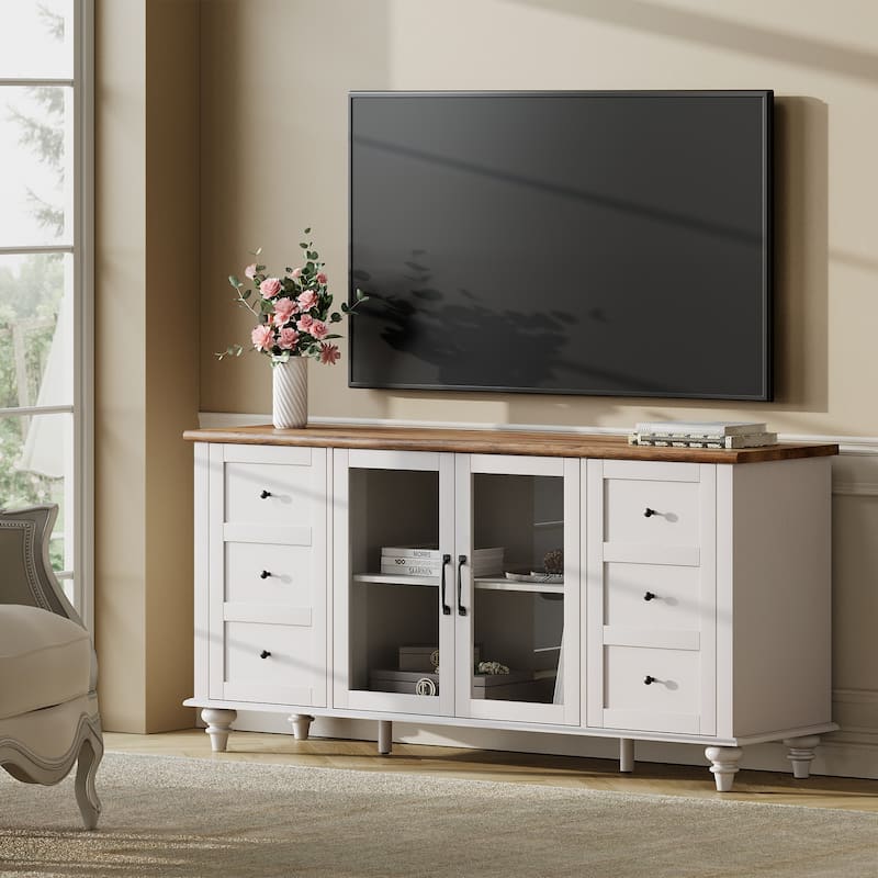 WAMPAT Farmhouse Glass Door TV Stand for up to 110" TVs, Modern Entertainment Center with Storage