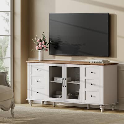 WAMPAT Farmhouse TV Stand with Storage Cabinet, Glass and Wood Entertainment Center Console Table