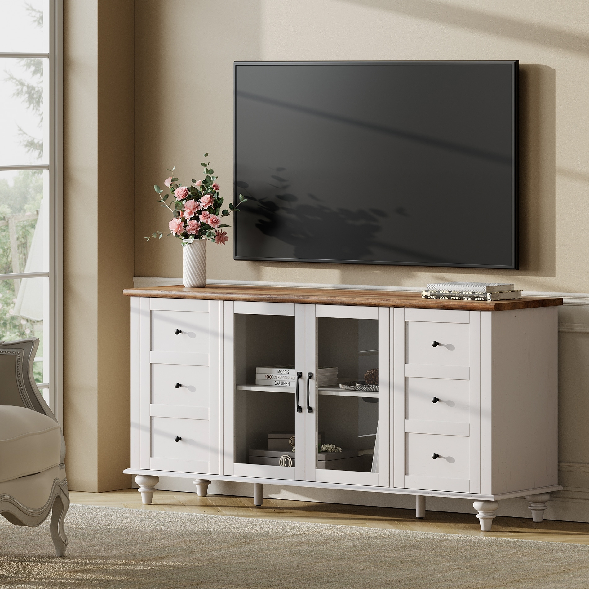 Farmhouse TV Stand for 65 Inch TV, Wood Console Table with Glass Door