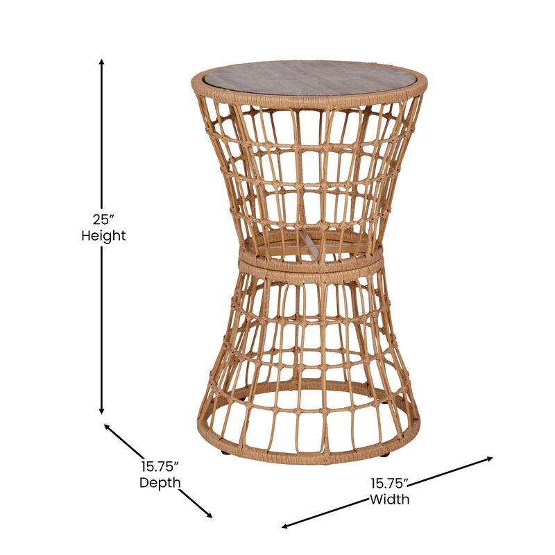 Indoor/Outdoor Boho Rattan Rope Table with Acacia Wood Top - 15.75"W x 15.75"D x 25"H