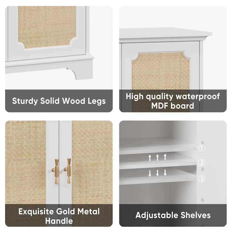 Sideboard Buffet Storage Cabinet with Rattan Doors, Console Table with Adjustable Shelves, White Wood Finish
