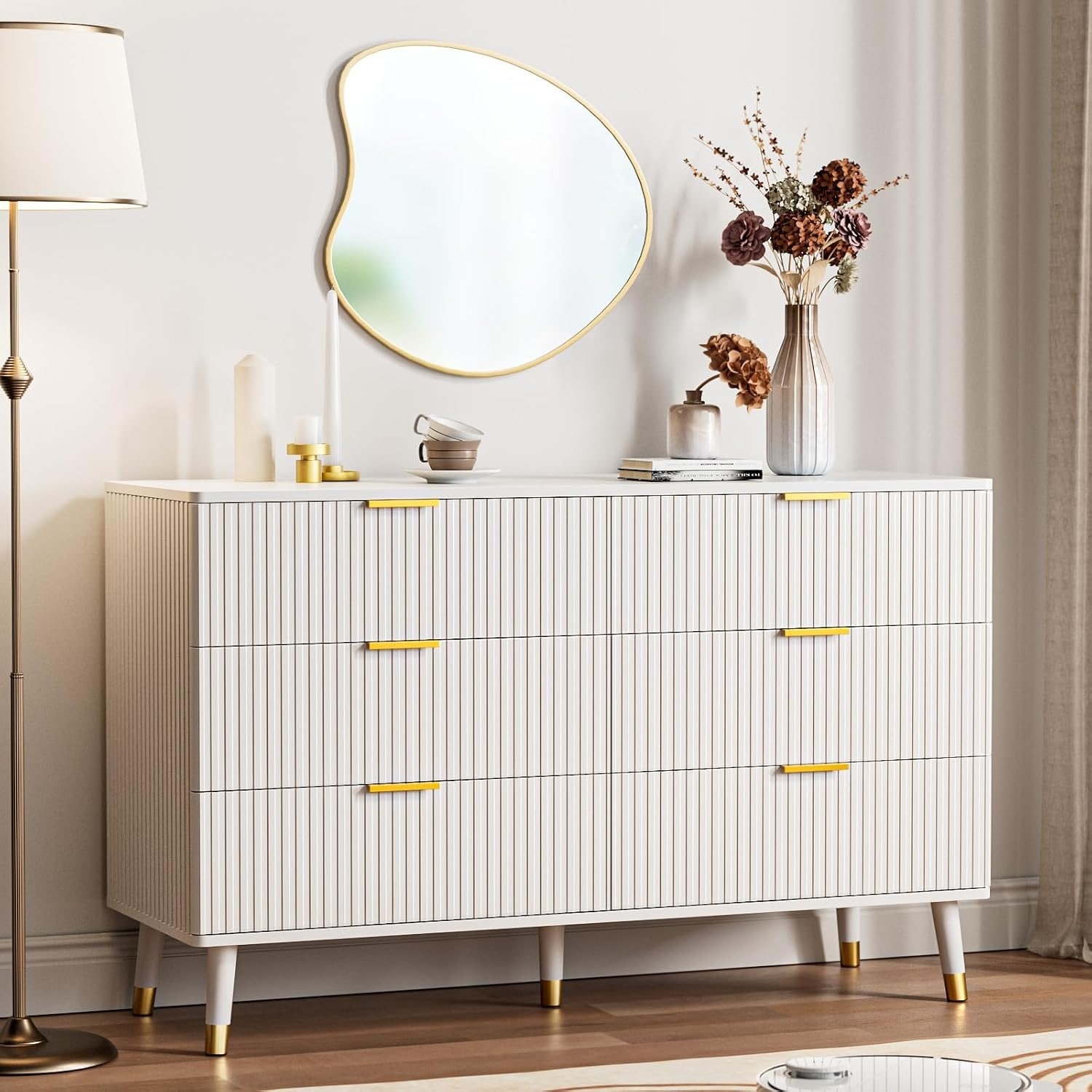 Modern 6-Drawer White and Gold Dresser with Curved Design, Elegant Bedroom Storage Solution