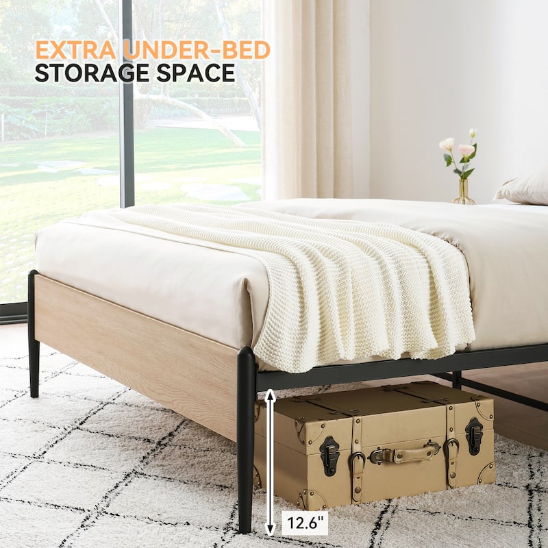 Metal Bed Frame with Curved Natural Rattan Headboard, No Box Spring Needed