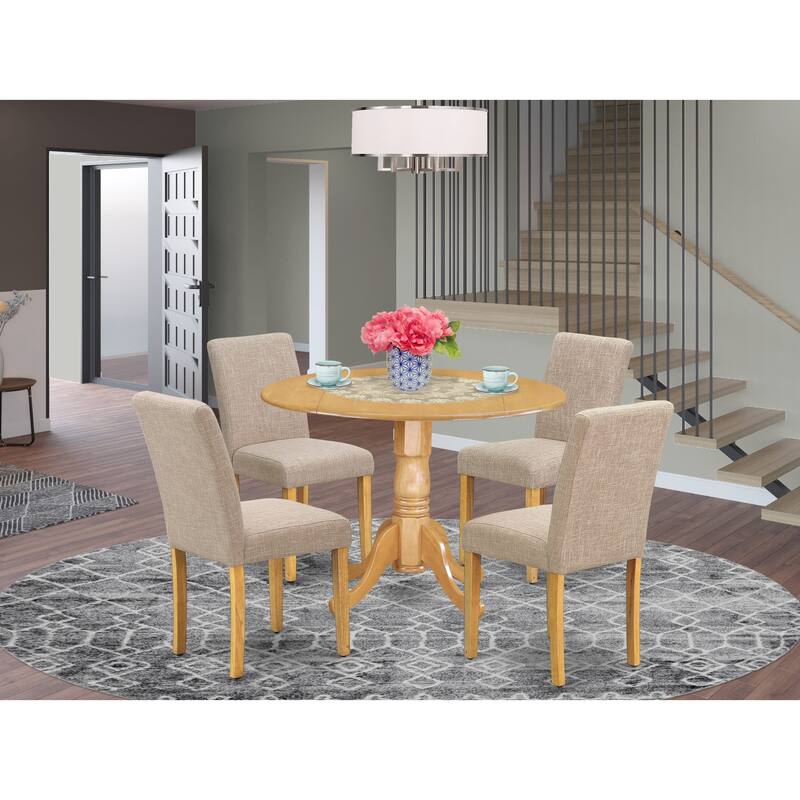 East West Furniture Dinette Set- a Round Dining Table and Light Tan Linen Fabric Dining Chairs, Oak (Pieces Options) - DLAB5-OAK-04