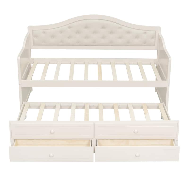 Twin Daybed with Trundle, Twin Size Daybed with 2 Storage Drawers, Wooden Sofa Bed with Upholstered Button Tufted Backrest