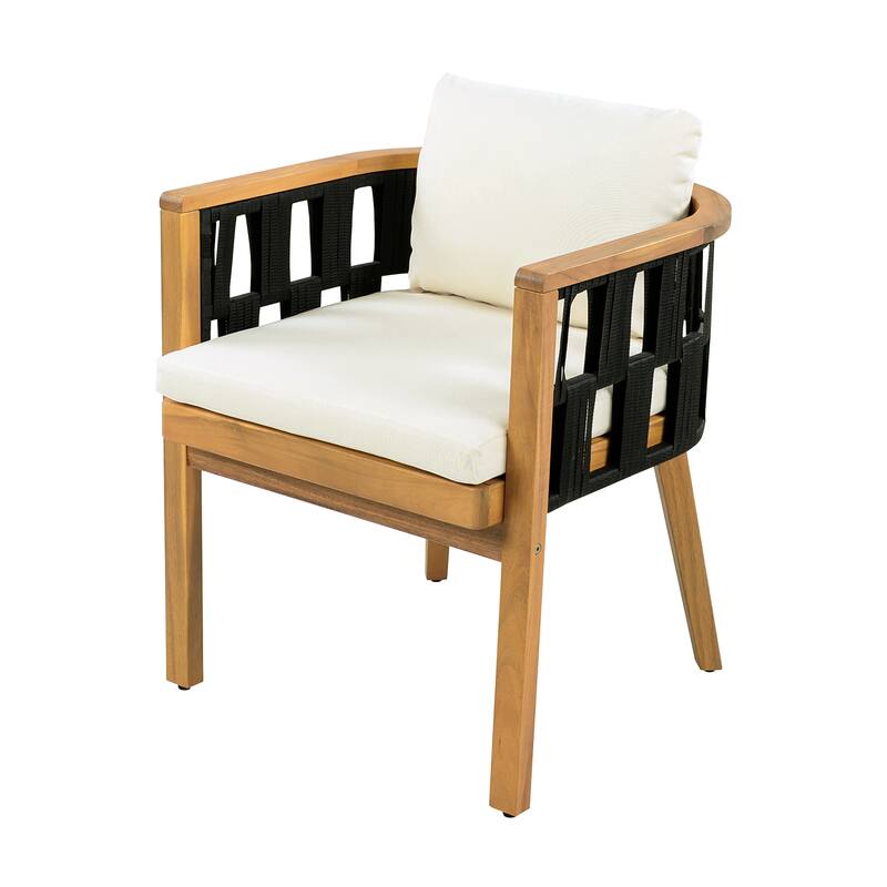 Christopher Knight Home Marrick Patio Acacia Wood Dining Chair with Cream Cushion and Black Flat Rope