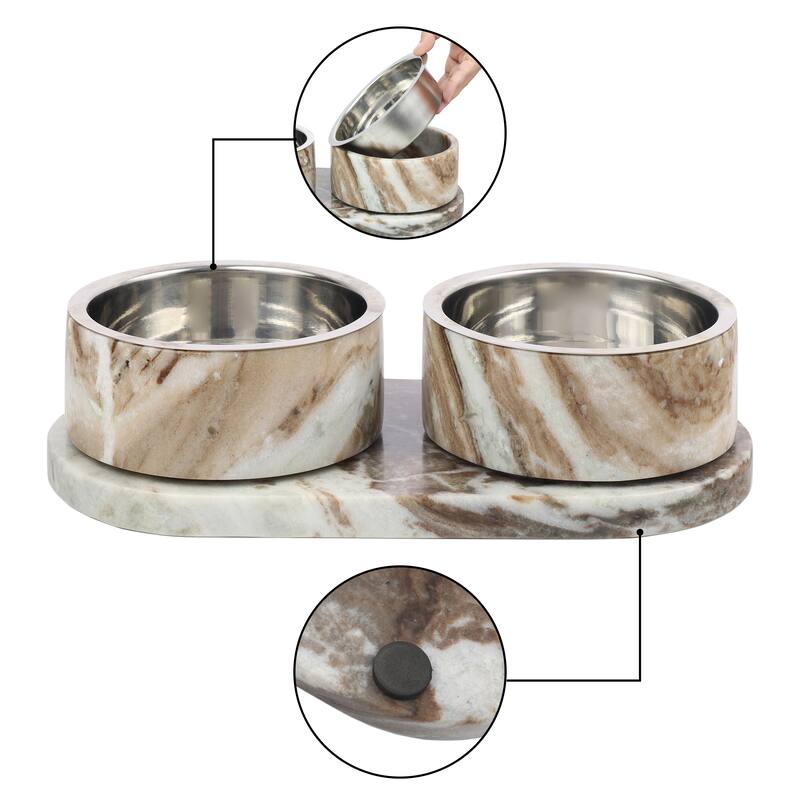 Marbre 12oz Double Pet Bowl Set - Marble & Stainless Steel with Non-Slip Tray