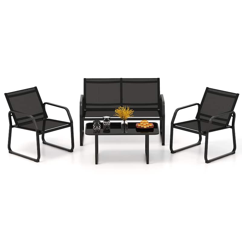 Gymax 4 PCS Patio Conversation Set w/ Breathable Fabric Seat Tempered
