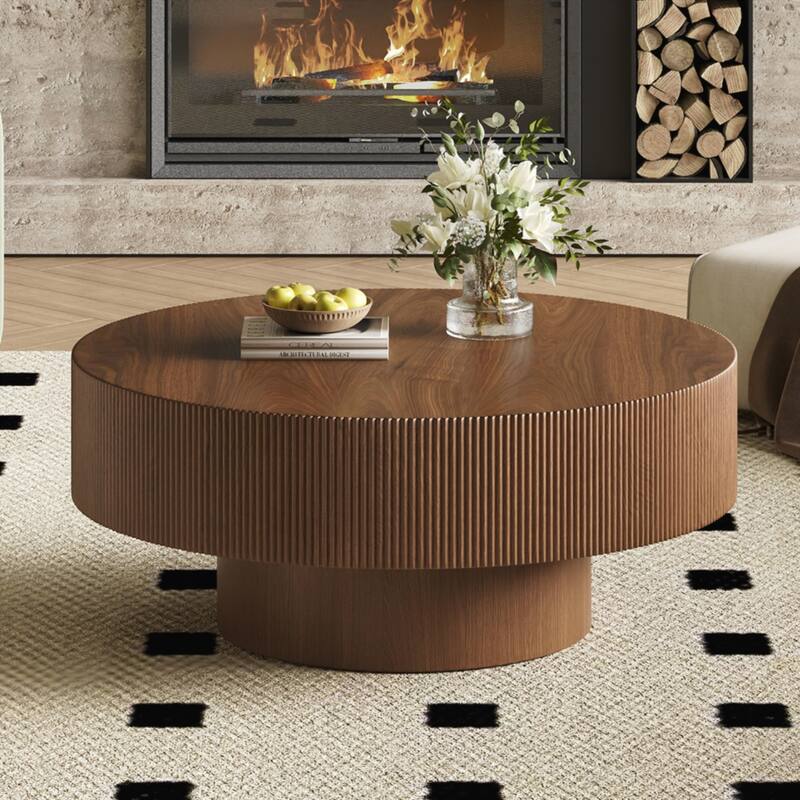 Round Coffee Table with 6.8" Thick Tabletop, Modern Drum End Table