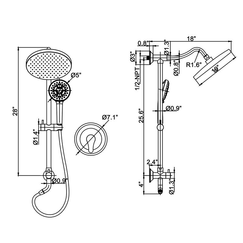 Pressure Balanced Rainfall Shower System with 5 Function Handheld Shower