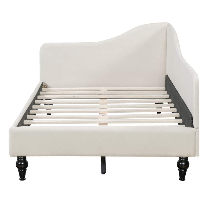 Twin/Full Size Upholstered Daybed, Linen Fabric Sofa Bed with Solid Wood Legs and L Shaped Backrest, Solid Wood Bedframe