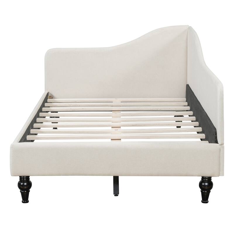 Twin Size L-Shaped Linen Daybed with Solid Wood Legs in Beige