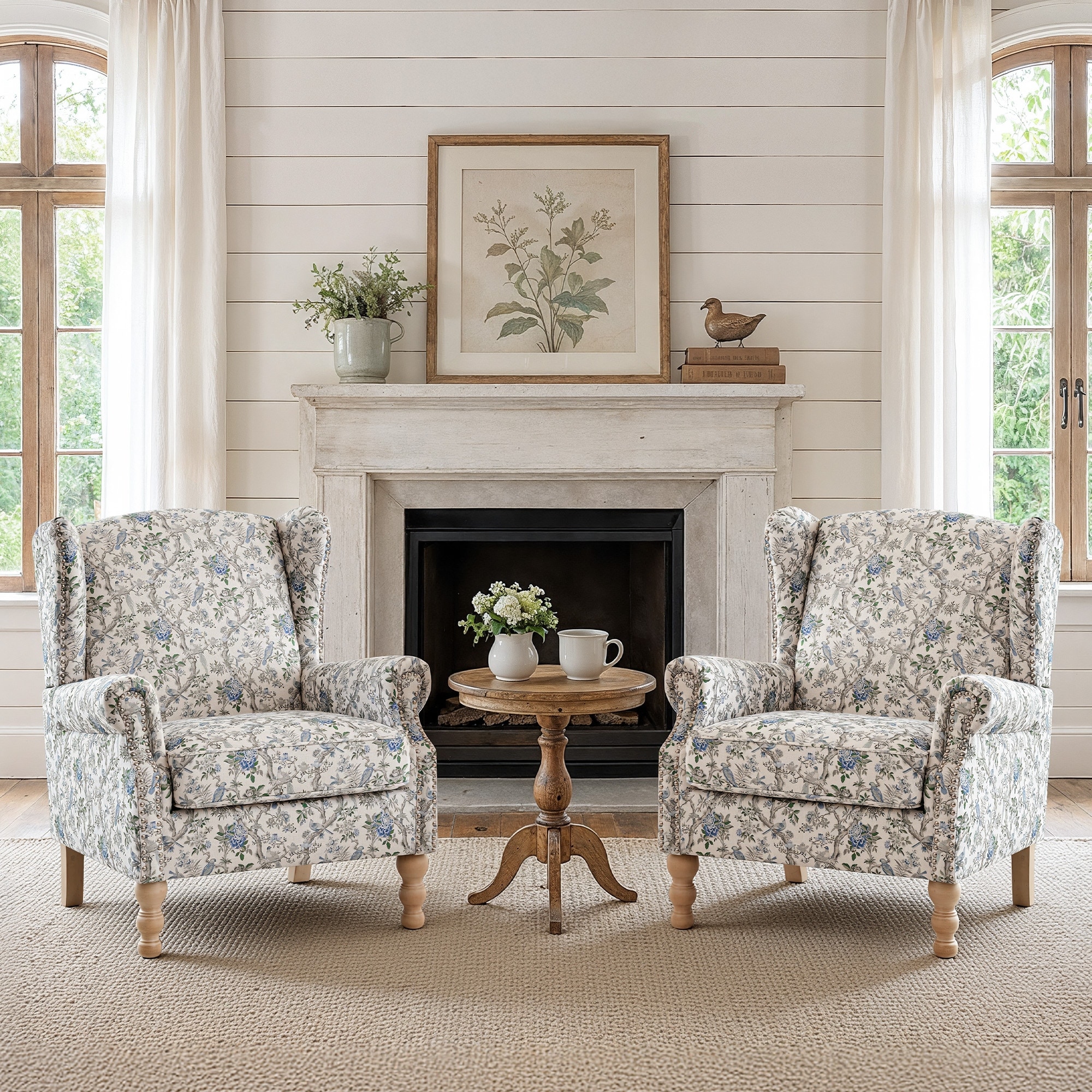 Set of 2 Wingback Accent Chairs, Floral Print Upholstered Armchairs with Nailhead Trim for Living Room