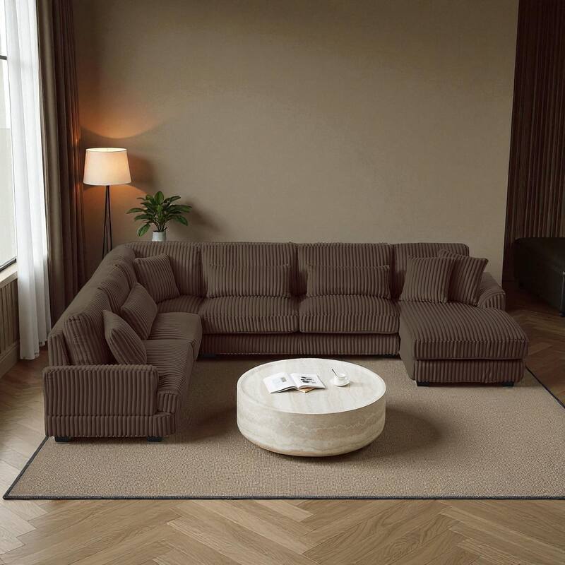 129" Oversized U-Shaped Sectional Sofa with Chaise Lounge, Soft Corduroy Upholstery and Pillows for Living Room