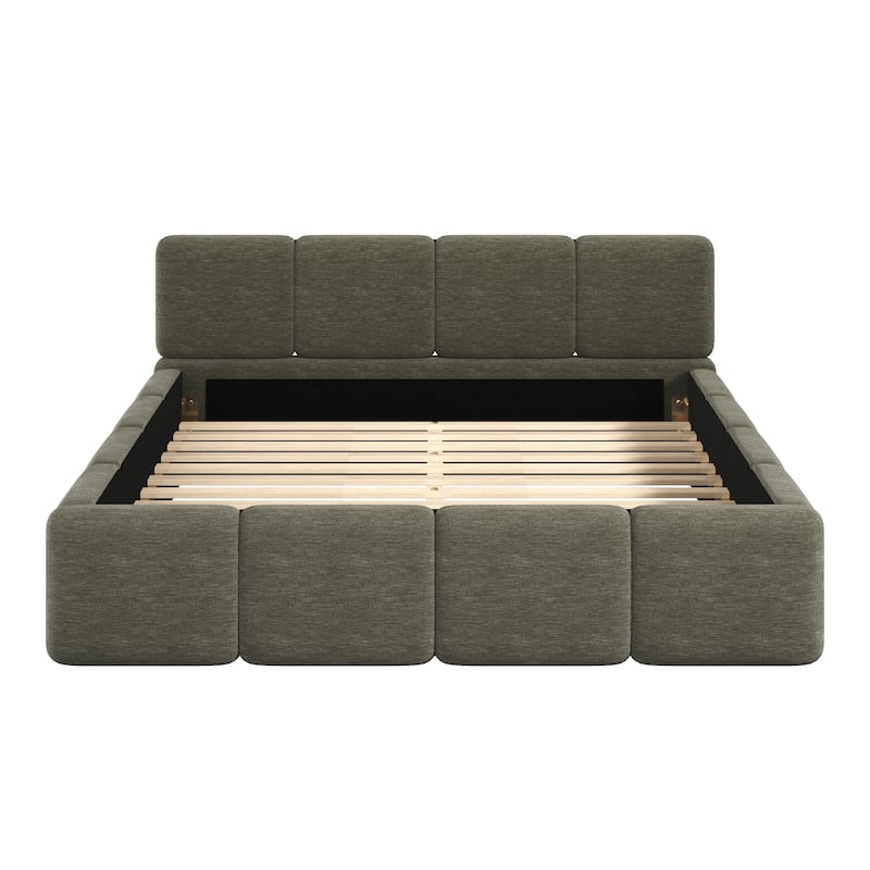 Christopher Knight Home Evelyn Platform Bed with Boucle Upholstery and Thick Block-Style Headboard