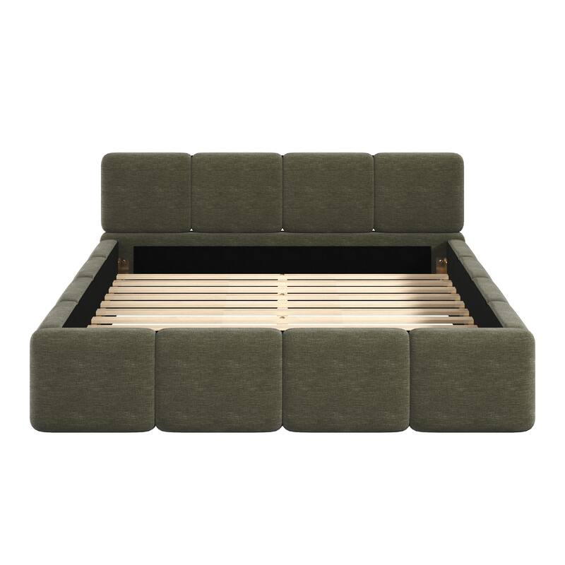 Modern Upholstered Bed Frame Block Style Grounded Bed with Thick Headboard, Lowprofile Wingback Bed Floor Bed Platform Bed Frame