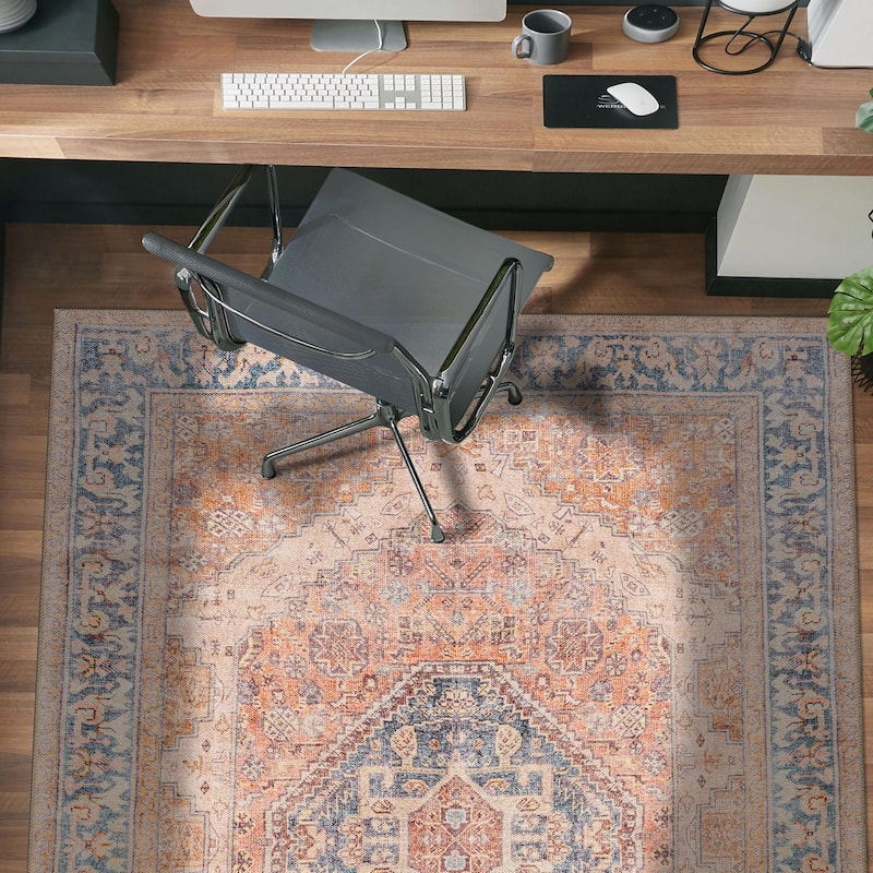 Beige Medallion Flat Pile Washable Rug - Pet Friendly, Non-Slip for Entryway and Bedroom - Rust - 4' x 6'