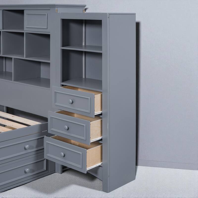 Twin Size Wood Platform Bed with 4 Drawers and All-in-One Cabinet, Storage Headboard Included