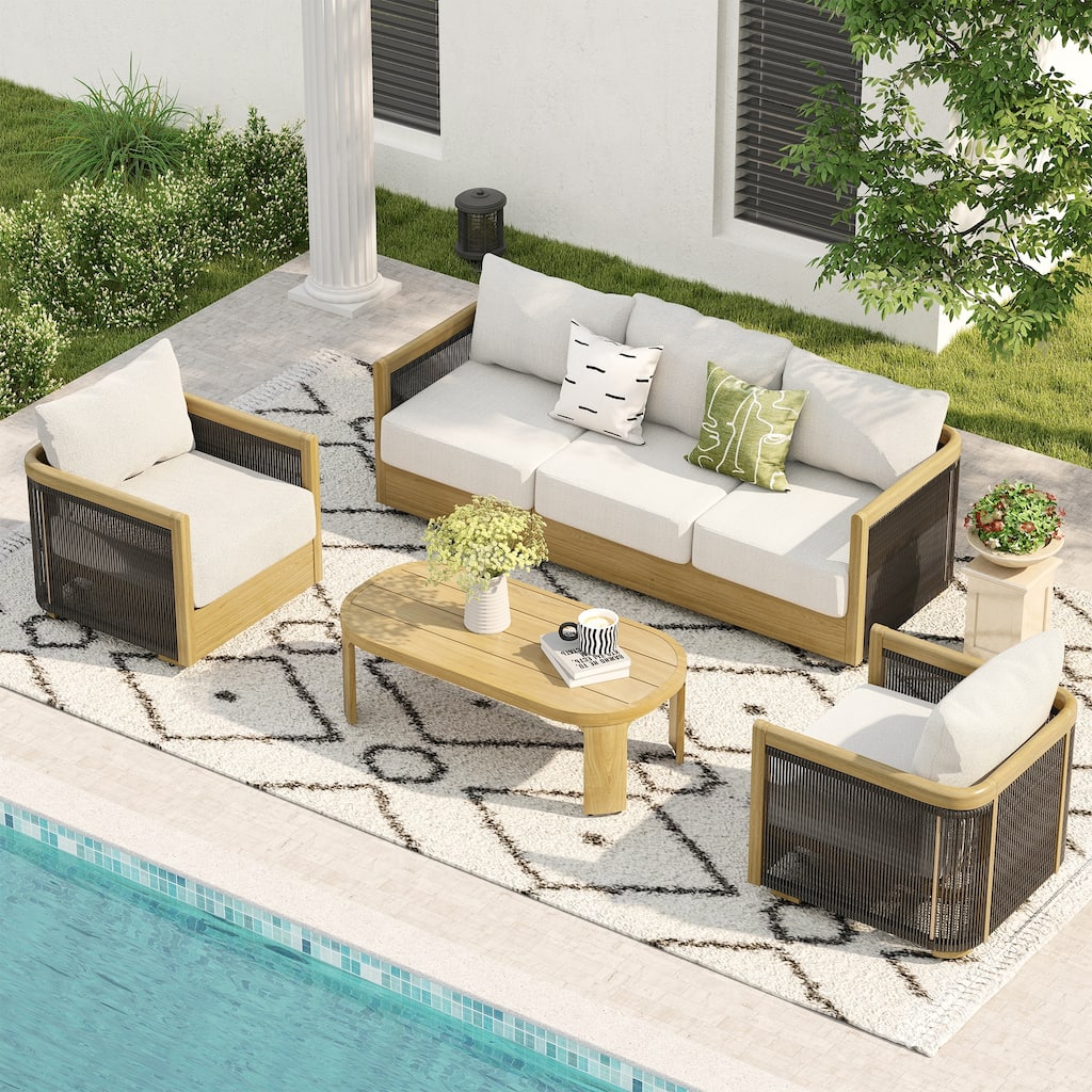 Overture 4-Piece Natural Wood Grain Aluminum Hand-Woven Rope Patio Conversation Set with Beige Cushions and Coffee Table