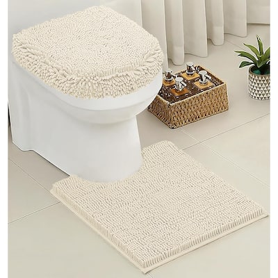 2 Piece Set Cream Soft Cozy Plush Chenille Bath Mat Bathroom Rug & Toilet Seat Cover