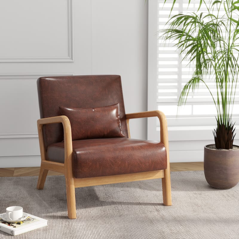 Mid Century Solid Wood Upholstered Accent Chair - COFFEE/PU/NATURAL WOOD LOW SIDE FRAME