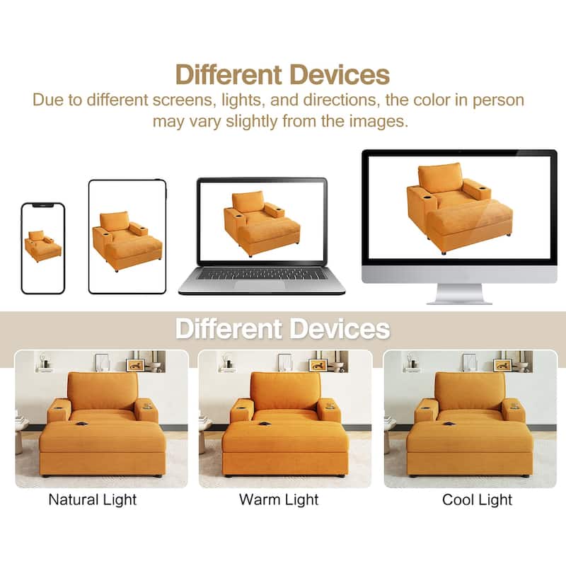 42.8" Oversized Chaise Lounge Chair with Storage Ottoman, Corduroy Sofa Bed with Cup Holders & USB Charging Port