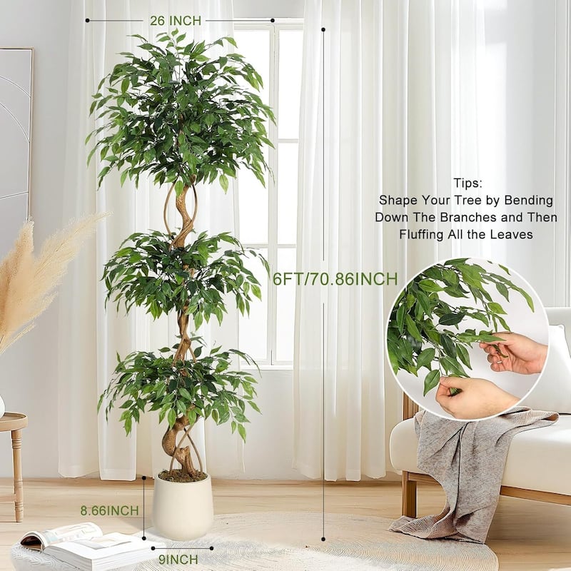 Artificial Faux Silk Ficus Tree with Curved Trunks for Indoor Home Decor