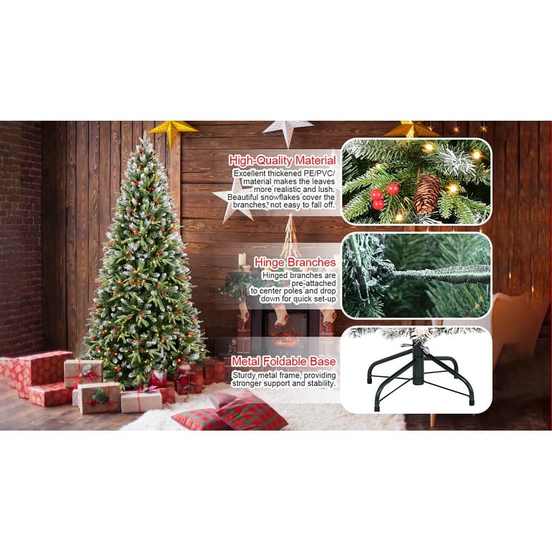 5FT Christmas Tree with 250 Warm White LED Lights-1131 Snow-Tipped PE+PVC Branches, Red Berries&Pine Cones,Hinged Design