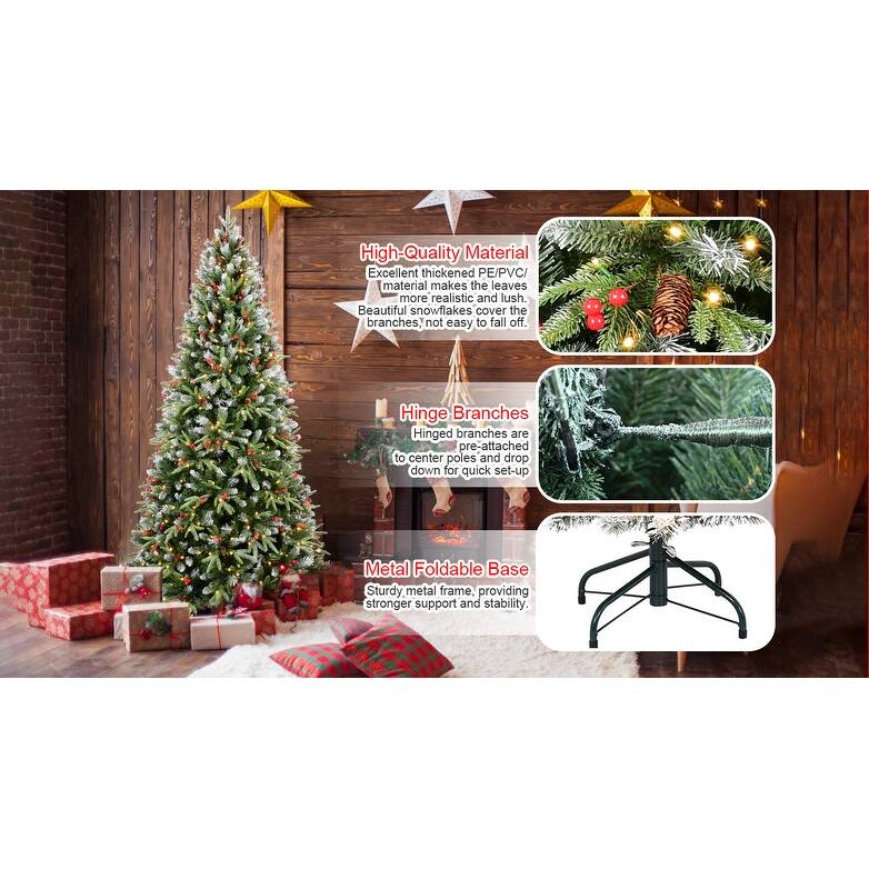 8FT Christmas Tree with 600 Warm White LED Lights - 2850 Snow-Tipped PE+PVC Branches, Red Berries & Pine Cones,Metal Stand