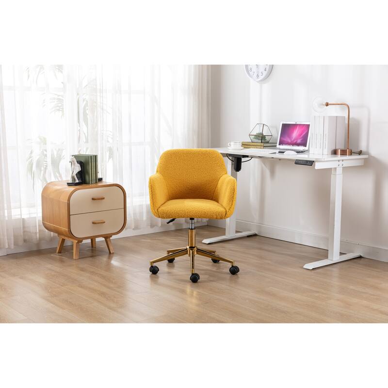Modern Teddy Fabric Material Adjustable Height 360 Revolving Home Office Chair with Gold Metal Legs, for Indoor, Yellow