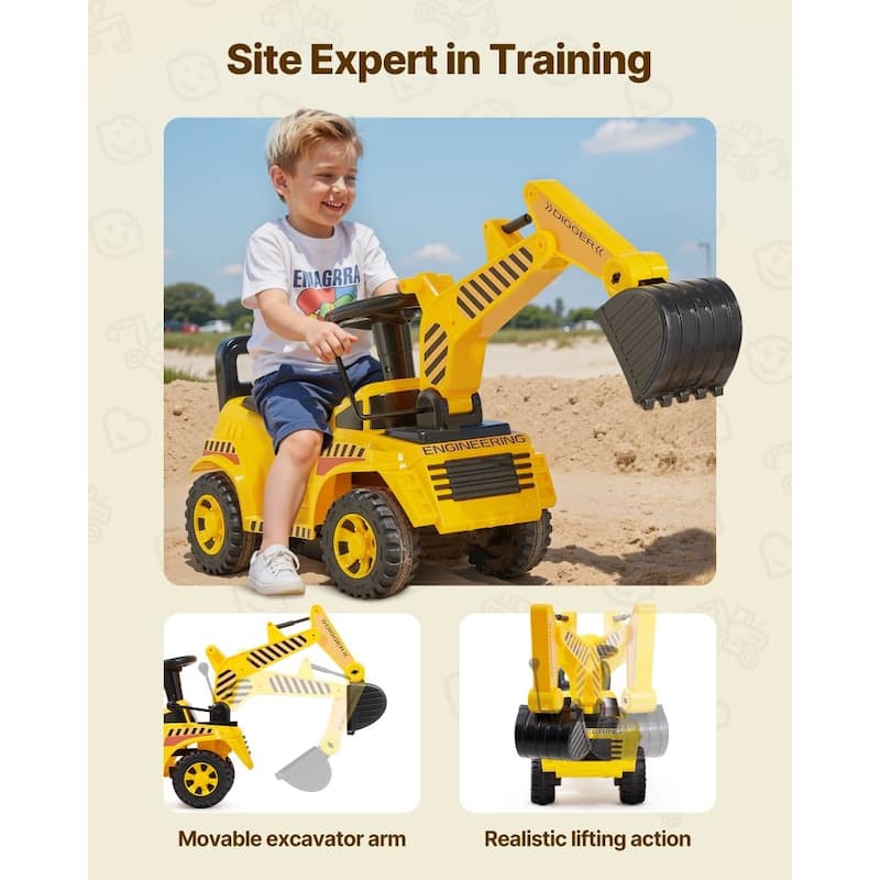 Toddler Ride-On Excavator Car with Helmet and Music, Yellow - 42.1 x 11.4 x 21.3 in