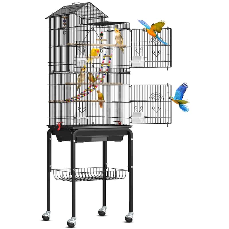 62"H Metal Large Bird Cage with Roof Top, Rolling Stand and Toys