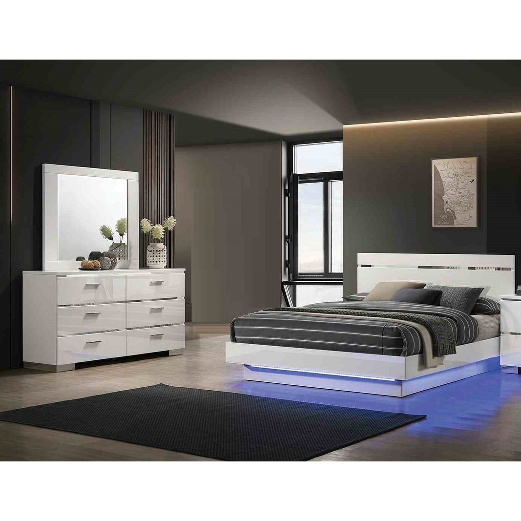 Glam 3-Piece White Sleek Platform Bed Dresser Mirror Bedroom Set