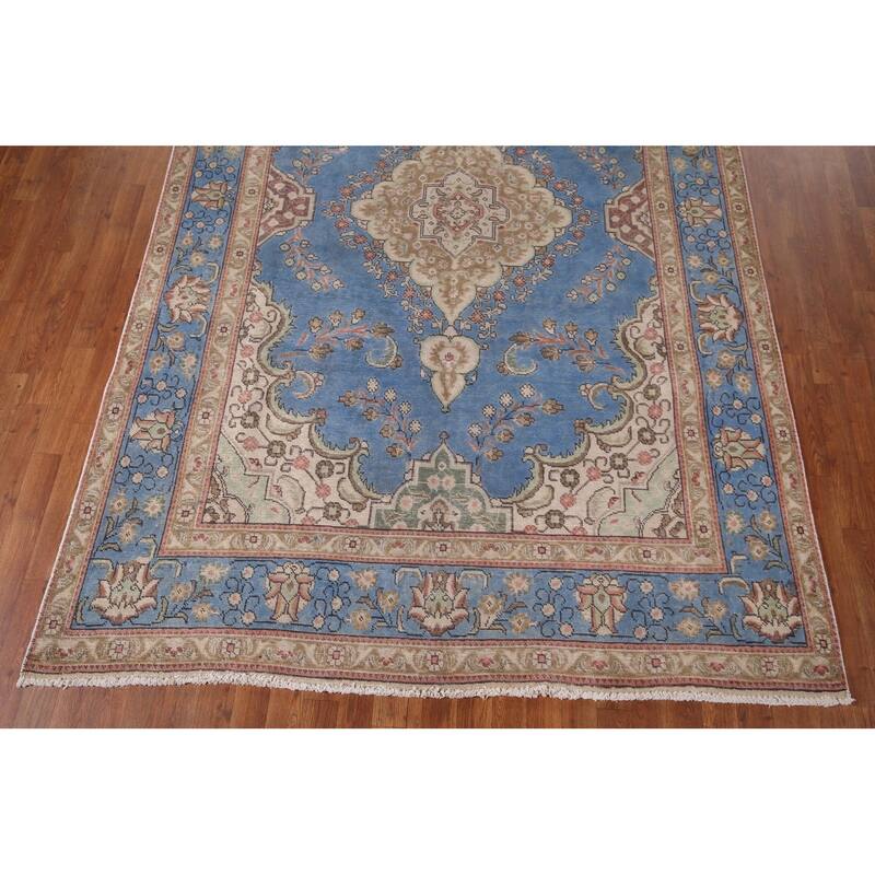 Blue Tabriz Persian Vintage Area Rug Handmade Wool Carpet - 6'6" x 9'10"