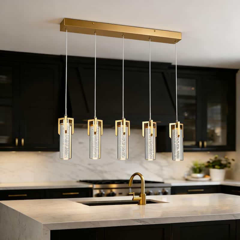 Modern 5-Light Fixture Gold Brass Linear LED Chandelier Acrylic Kitchen Island Light for Dining Room - 28.9" × 10.6" × 4.3"