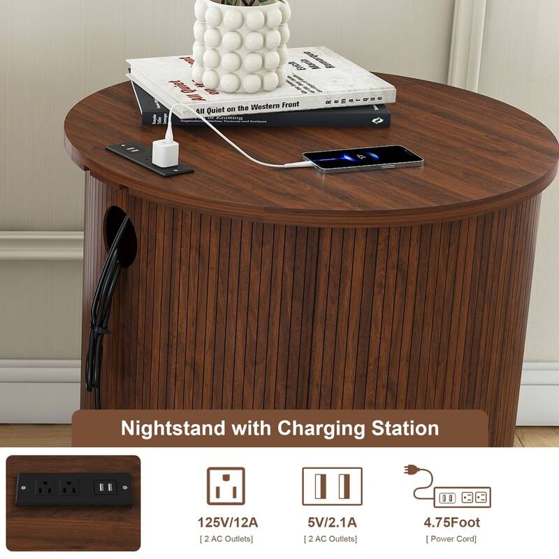 2-Tier Nightstands with USB Ports and Built-in Charging Station & Sliding Door (Set of 2 )