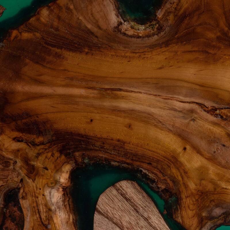 Amada Teak Wood Epoxy Resin End Table - Round Live Edge Side Table with Branch Legs, Handcrafted Modern Rustic Accent Table