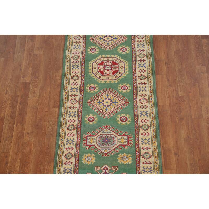 Green Kazak Runner Rug Hand-Knotted Geometric Wool Carpet - 2'7" x 16'2"