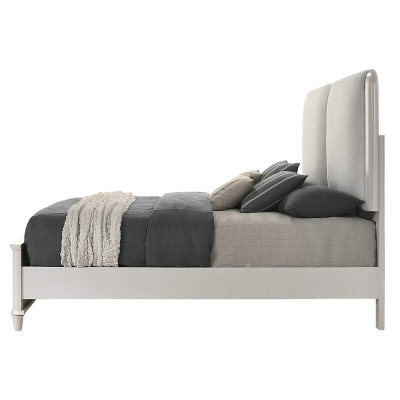 Veda Queen Size Bed with LED, Pearl White, Gray Boucle Upholstered