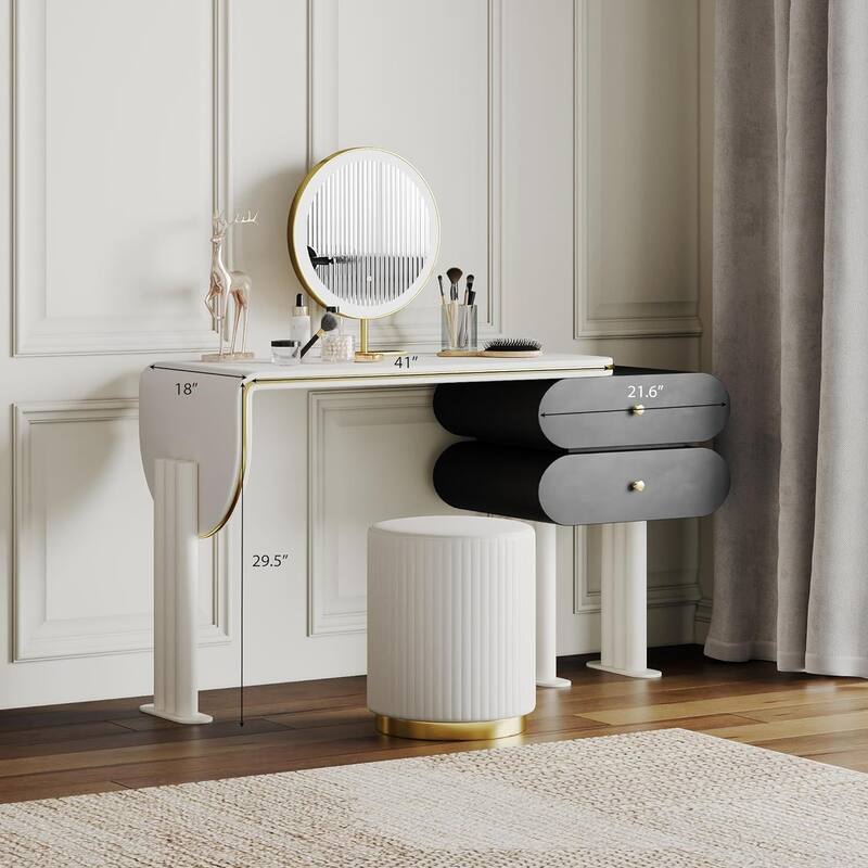 Modern Light Luxury Makeup Vanity Table Set，Wood Drawer, Stool, Plywood,White & Black