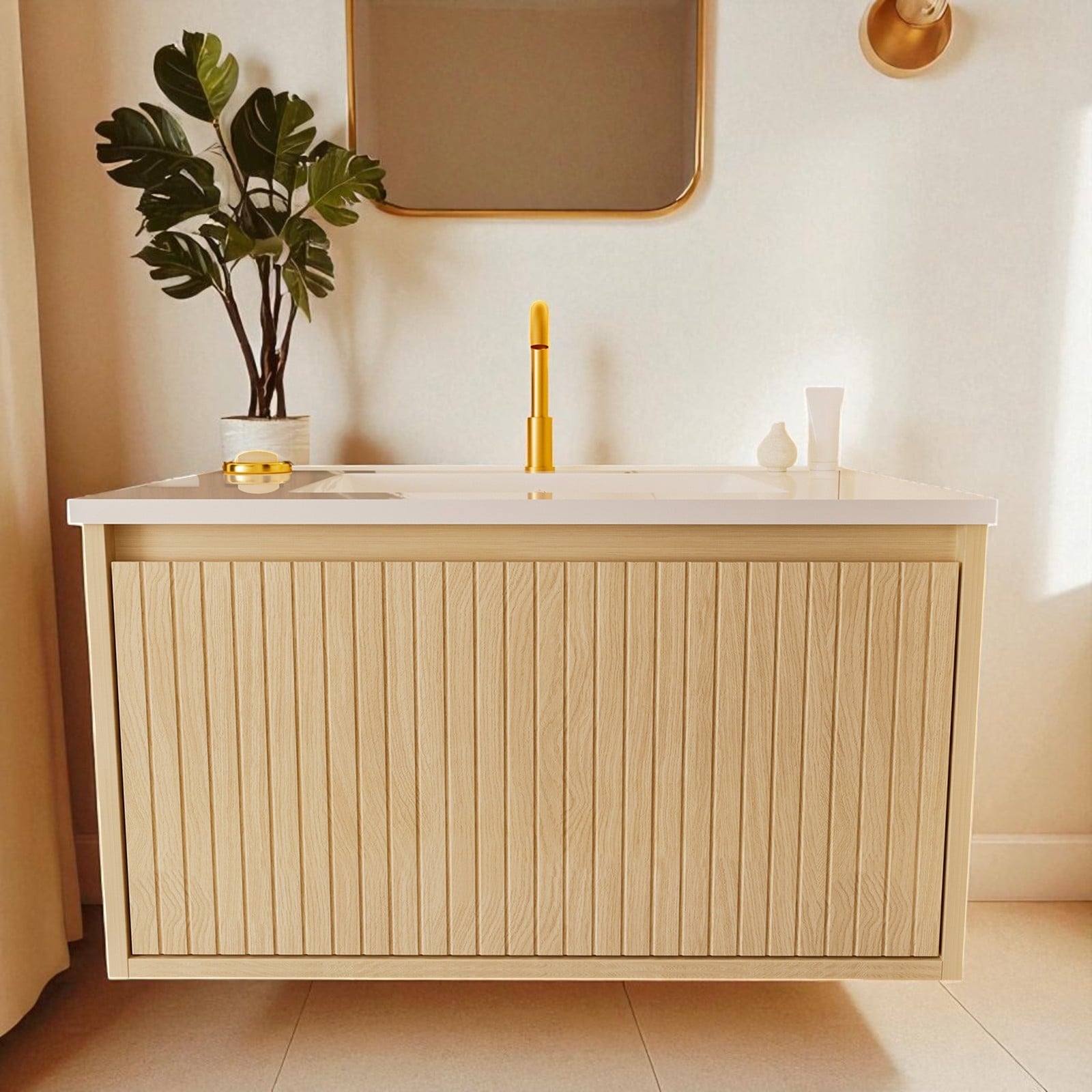 30 Inch Wall Mounted Bathroom Vanity with Ceramic Sink, Floating Cabinet with Drawers, Modern Fluted Design