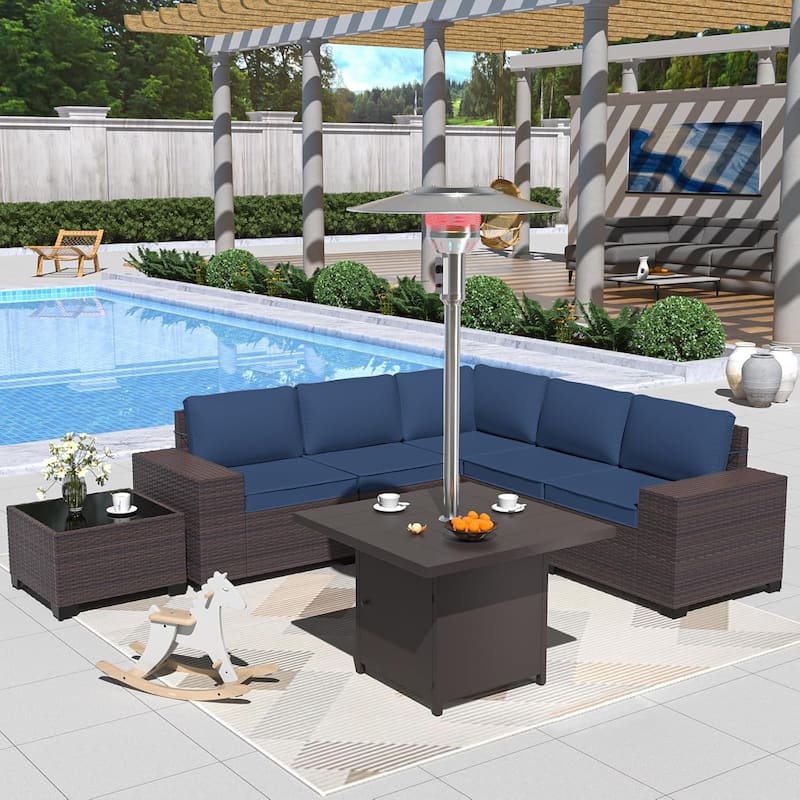 Outdoor Patio Furniture Set, All Weather PE Wicker Sectional Conversion Sofa set with Firepit(Optional)