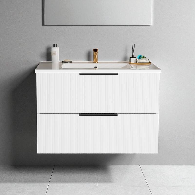 30 Inch Floating Bathroom Vanity with Ceramic Sink, Wall Mounted Fluted Cabinet with Drawers, Modern MDF Design